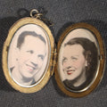 Lot 211 - Vintage Oval Locket Pendant with Engraved Monogram, Containing Two Hand-Tinted Portrait Photographs of a Young Man and Young Woman, 1" W x 1-1/2" H