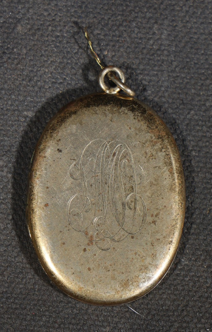 Vintage Oval Locket Pendant with Engraved Monogram, Containing Two Hand-Tinted Portrait Photographs of a Young Man and Young Woman