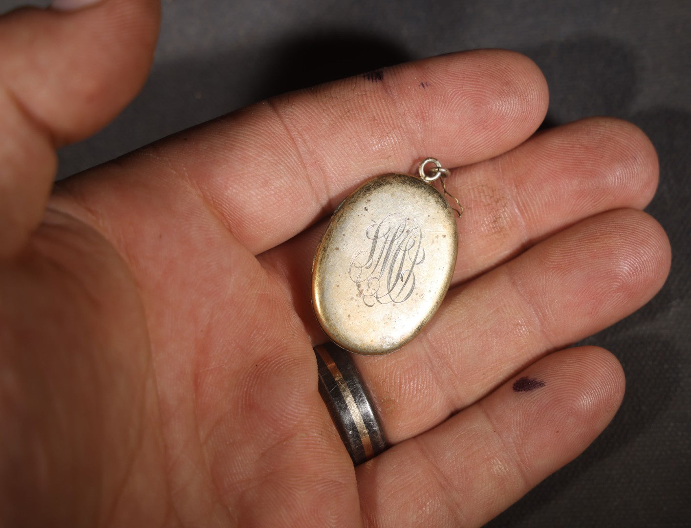 Vintage Oval Locket Pendant with Engraved Monogram, Containing Two Hand-Tinted Portrait Photographs of a Young Man and Young Woman