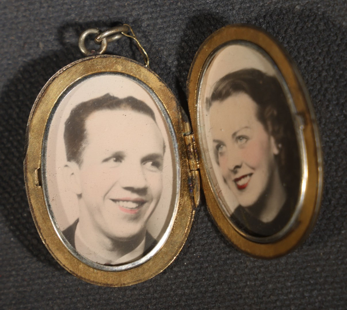 Vintage Oval Locket Pendant with Engraved Monogram, Containing Two Hand-Tinted Portrait Photographs of a Young Man and Young Woman