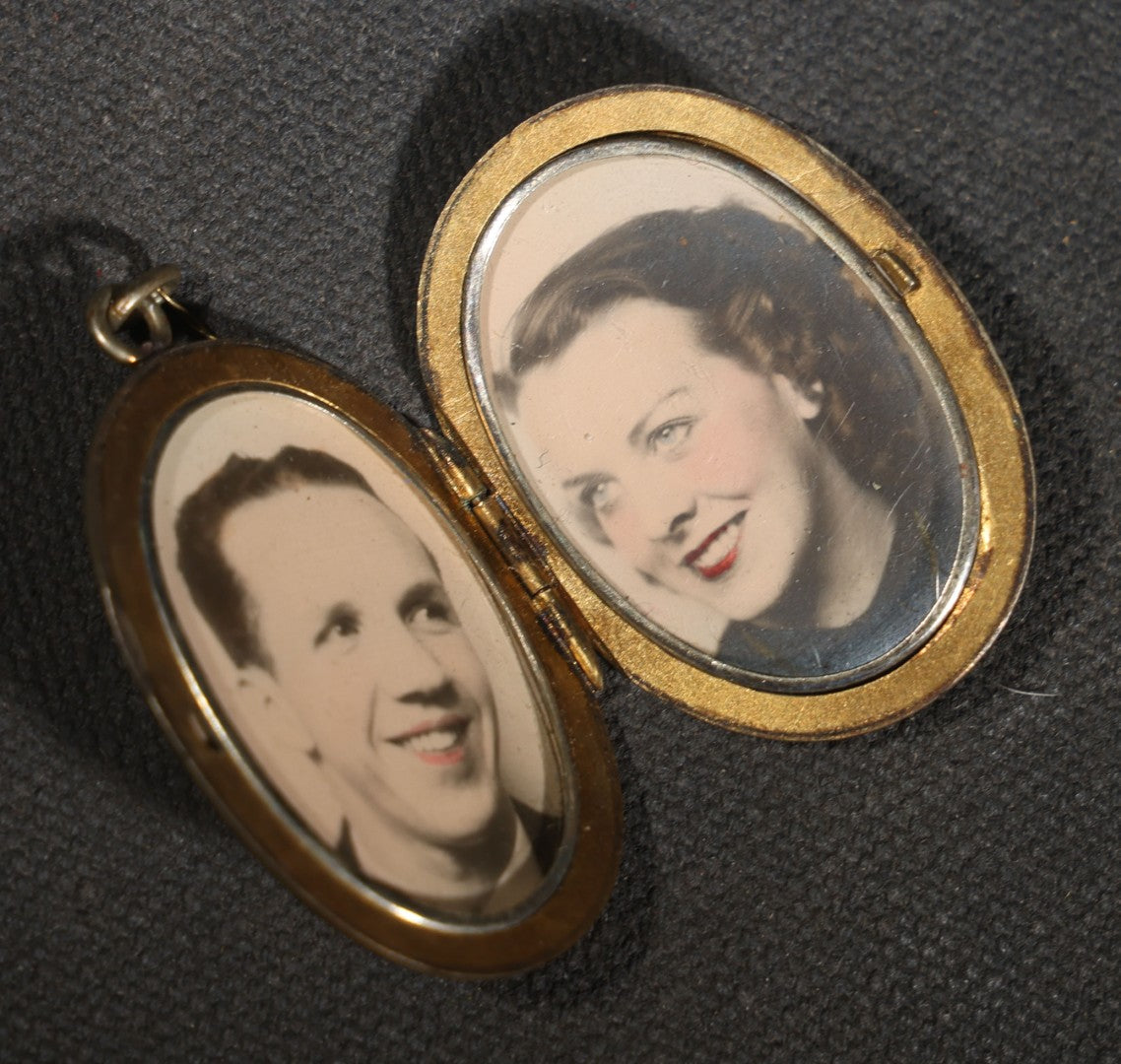 Vintage Oval Locket Pendant with Engraved Monogram, Containing Two Hand-Tinted Portrait Photographs of a Young Man and Young Woman