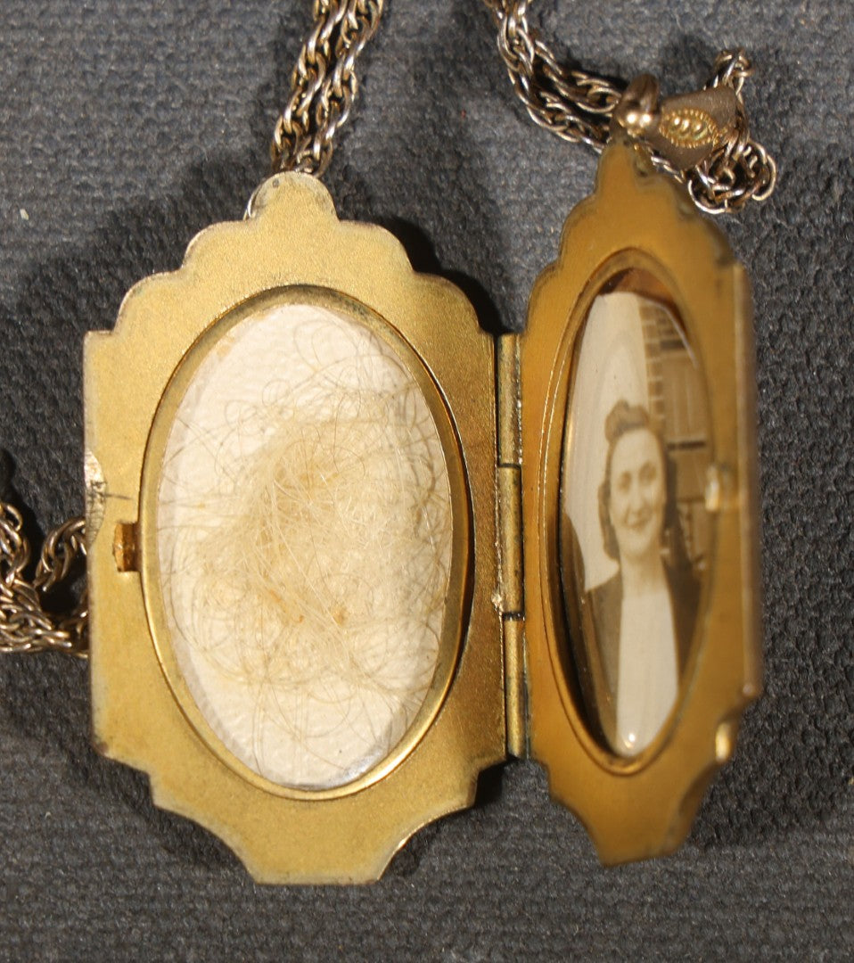 Vintage Gold-Filled Locket Necklace on Chain with Photograph of a Young Woman and Lock of Blonde Hair