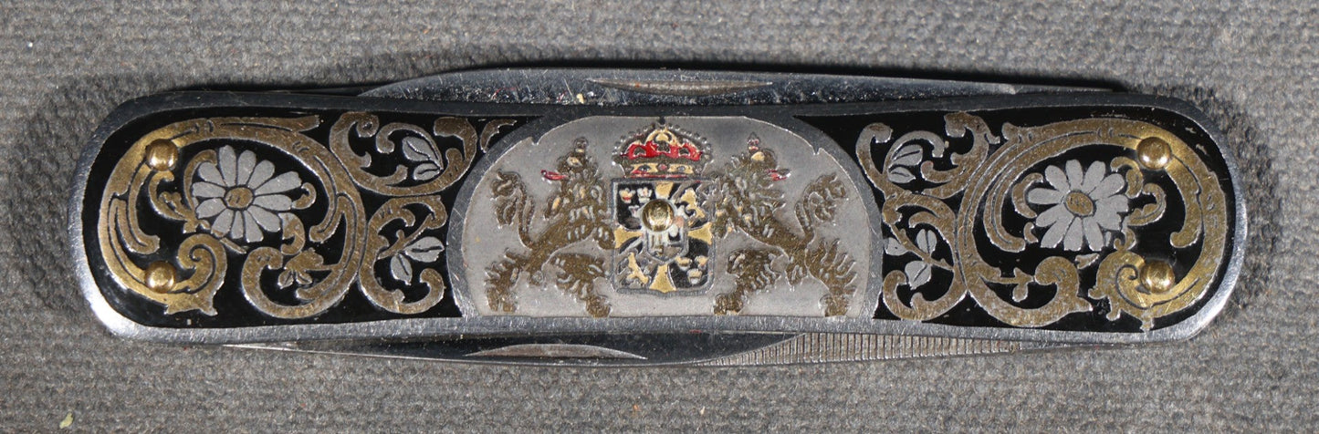 Vintage EKA Sweden Four-Blade Folding Pocket Knife with Damascene Floral Scrollwork and Swedish Coat of Arms, Manufactured by EKA, Eskilstuna, Sweden