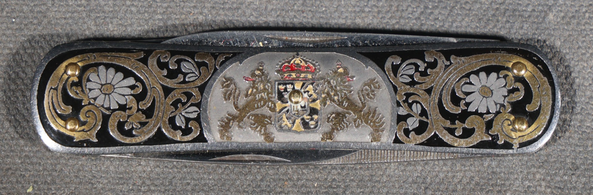 Vintage EKA Sweden Four-Blade Folding Pocket Knife with Damascene Floral Scrollwork and Swedish Coat of Arms, Manufactured by EKA, Eskilstuna, Sweden
