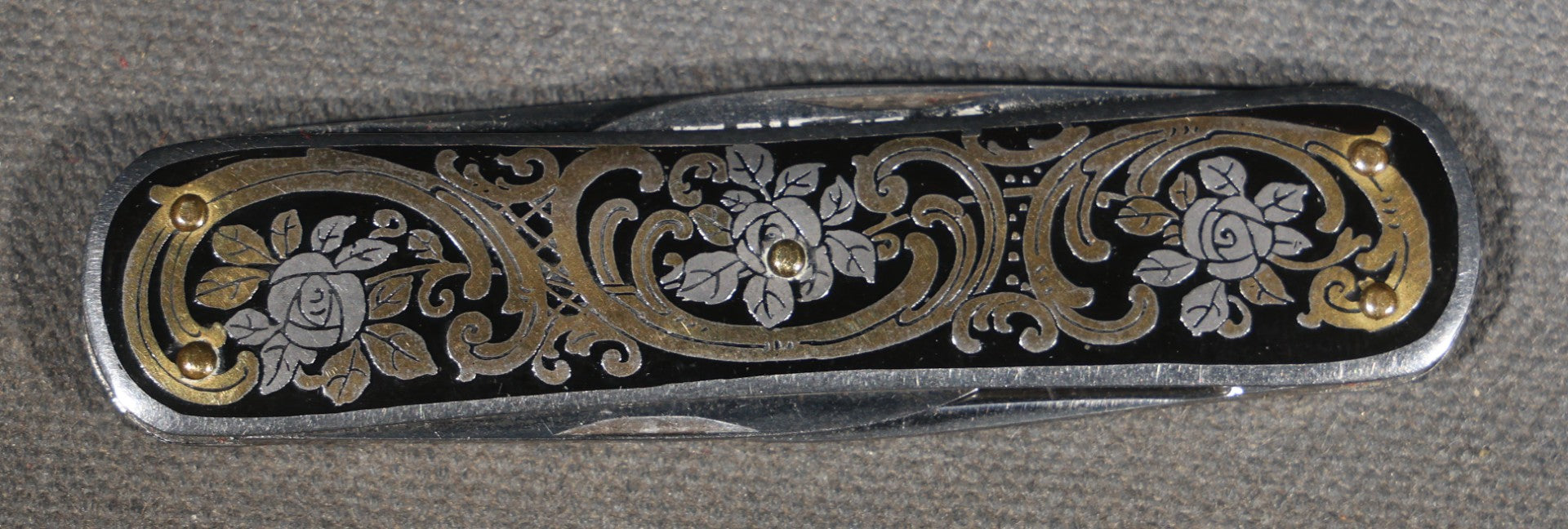 Vintage EKA Sweden Four-Blade Folding Pocket Knife with Damascene Floral Scrollwork and Swedish Coat of Arms, Manufactured by EKA, Eskilstuna, Sweden