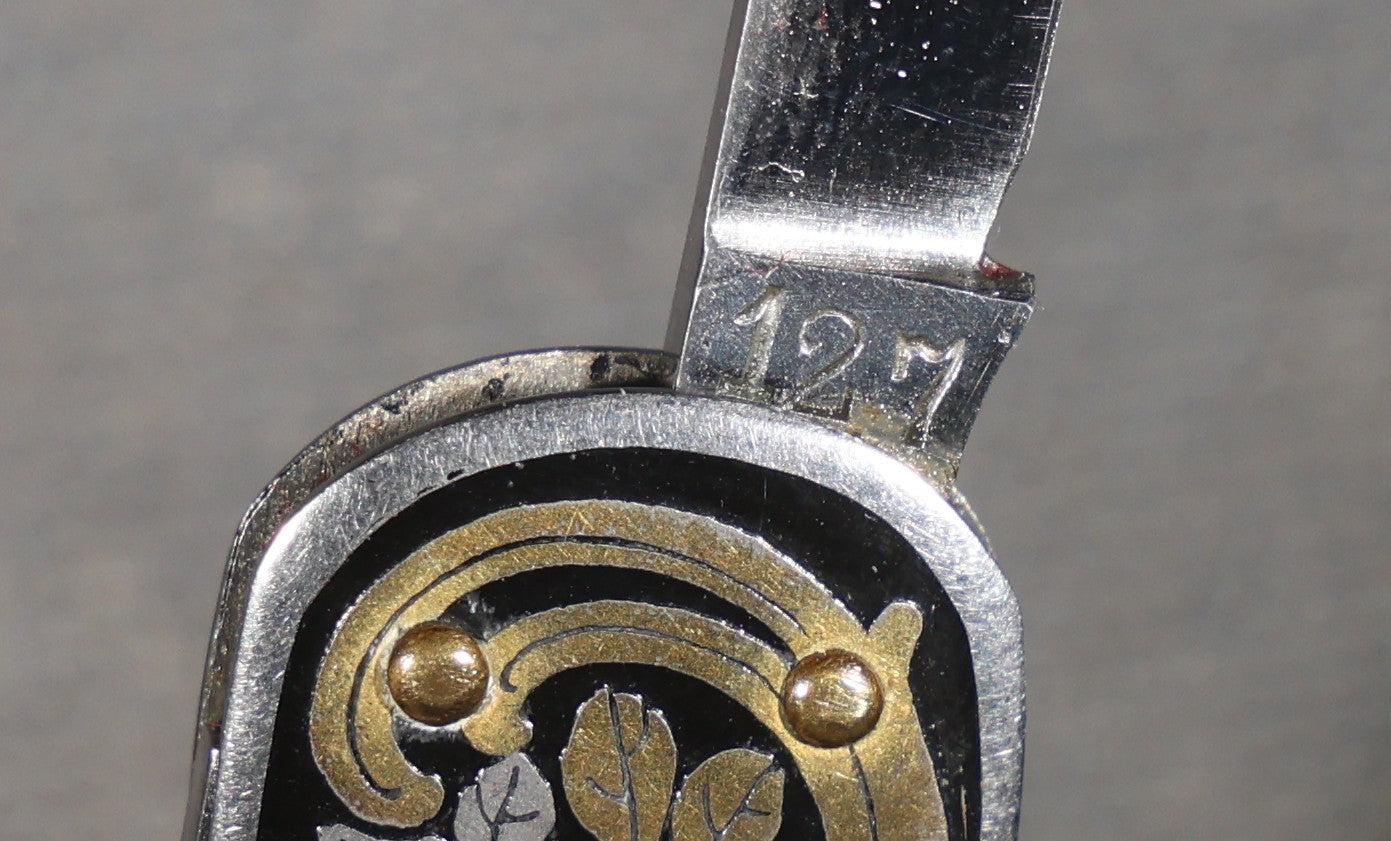 Vintage EKA Sweden Four-Blade Folding Pocket Knife with Damascene Floral Scrollwork and Swedish Coat of Arms, Manufactured by EKA, Eskilstuna, Sweden