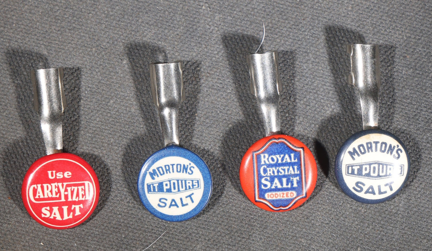 Grouping of Four Vintage Advertising Pencil Pocket Clips including Morton's Salt "It Pours," Carey-Ized Salt, and Royal Crystal Salt Iodized