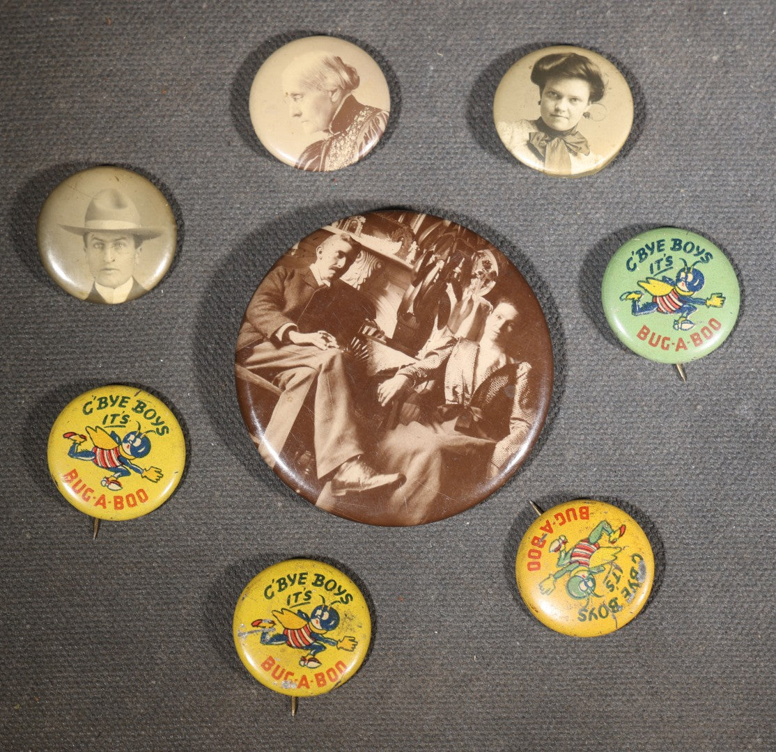 Grouping of Eight Antique and Vintage Pinback Buttons including Four "G'Bye Boys It's Bug-A-Boo" Insecticide Advertising Buttons and Four Photographic Portrait Buttons
