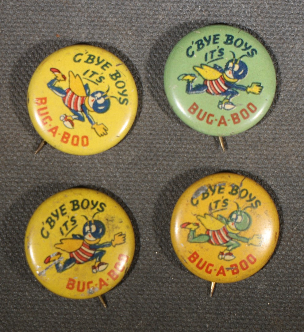 Grouping of Eight Antique and Vintage Pinback Buttons including Four "G'Bye Boys It's Bug-A-Boo" Insecticide Advertising Buttons and Four Photographic Portrait Buttons