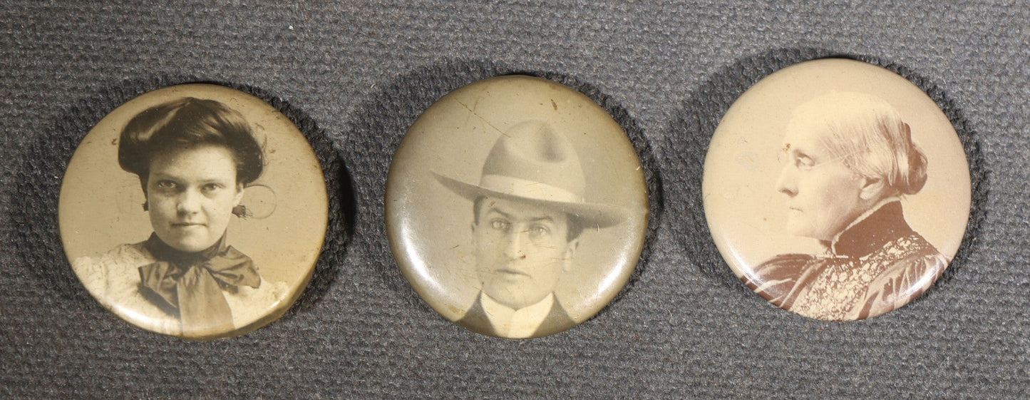 Grouping of Eight Antique and Vintage Pinback Buttons including Four "G'Bye Boys It's Bug-A-Boo" Insecticide Advertising Buttons and Four Photographic Portrait Buttons