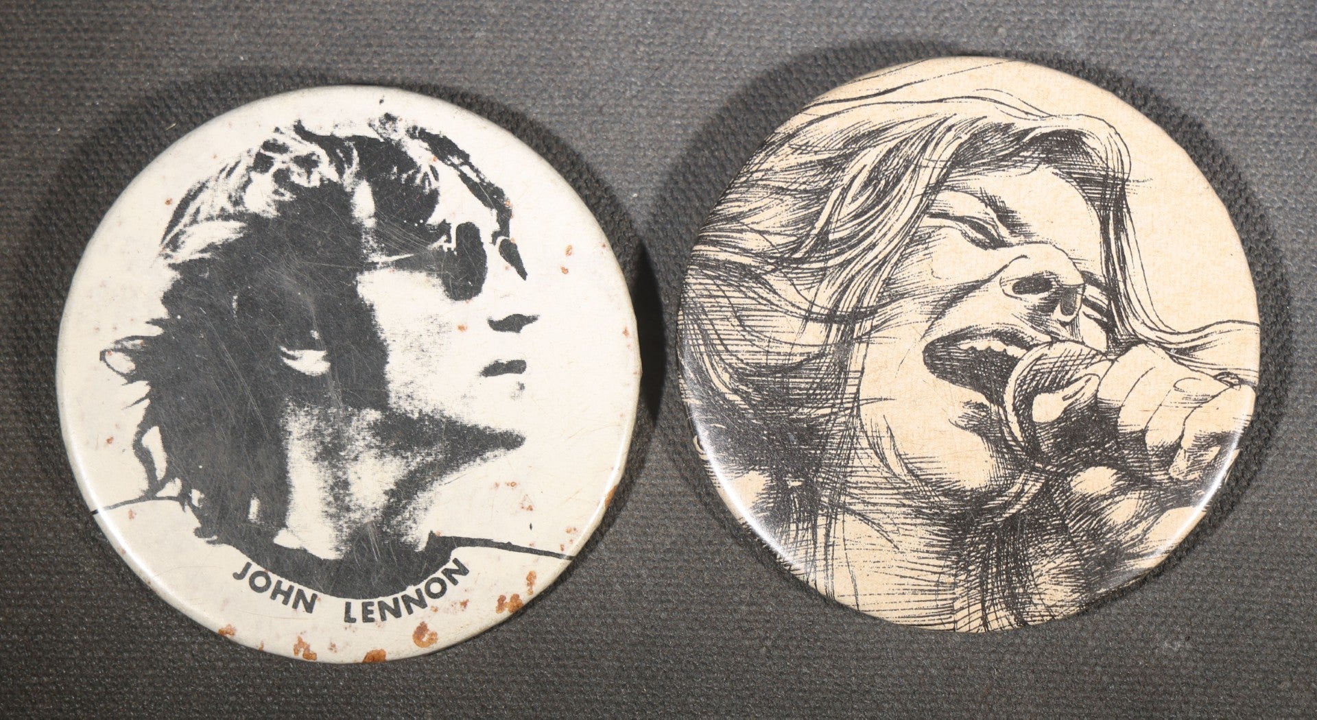 Pair of Vintage Rock Music Pinback Buttons including John Lennon Portrait and Janis Joplin Singing, Manufactured by R.P.M. Associates Badge, LaSalle, Illinois