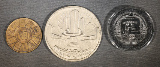 Trio of Antique and Vintage Commemorative Medallions including 1934 Chicago Century of Progress Walgreen Drugs, 1939 Dodge Silver Anniversary, and Something Special Scotch Whisky Playing Card Spinner