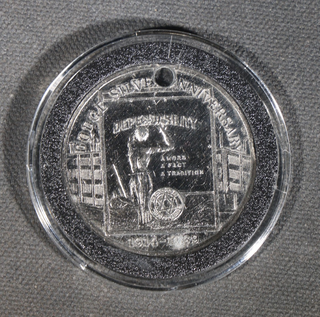 Trio of Antique and Vintage Commemorative Medallions including 1934 Chicago Century of Progress Walgreen Drugs, 1939 Dodge Silver Anniversary, and Something Special Scotch Whisky Playing Card Spinner