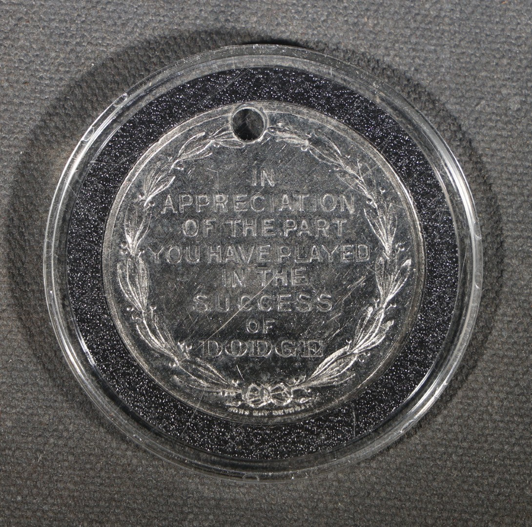 Trio of Antique and Vintage Commemorative Medallions including 1934 Chicago Century of Progress Walgreen Drugs, 1939 Dodge Silver Anniversary, and Something Special Scotch Whisky Playing Card Spinner