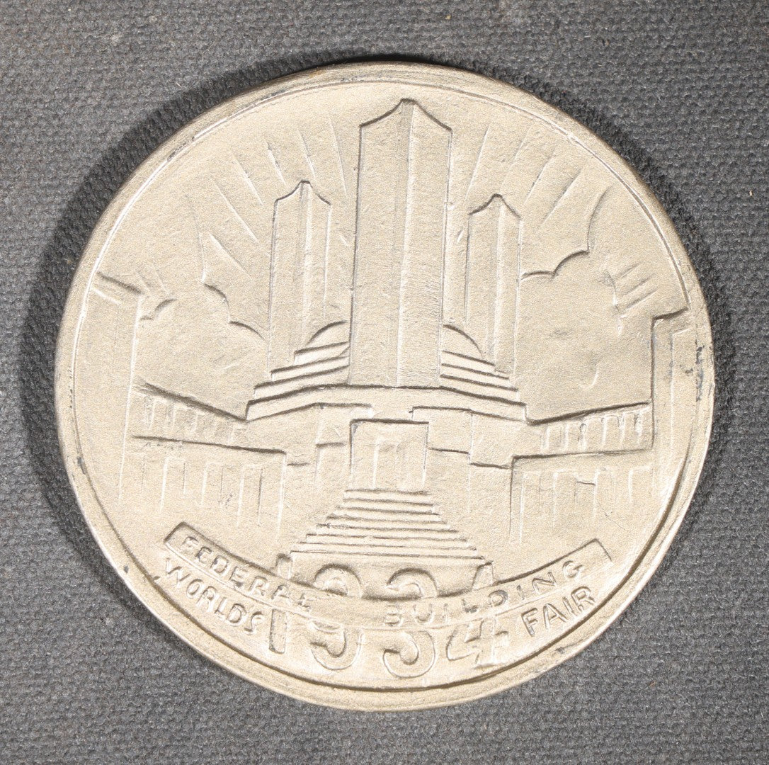 Trio of Antique and Vintage Commemorative Medallions including 1934 Chicago Century of Progress Walgreen Drugs, 1939 Dodge Silver Anniversary, and Something Special Scotch Whisky Playing Card Spinner