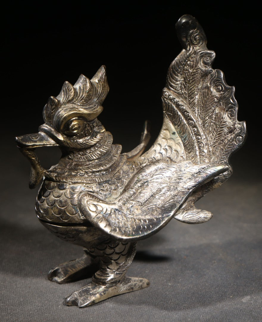 Antique Burmese Hintha Bird Figural Covered Container with Repousse Feather and Scroll Decoration