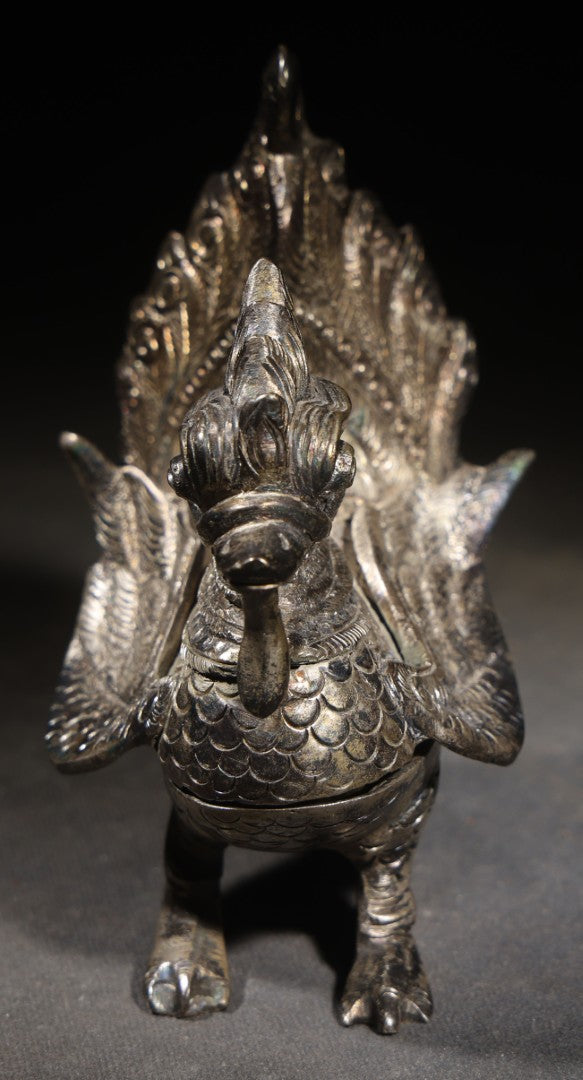 Antique Burmese Hintha Bird Figural Covered Container with Repousse Feather and Scroll Decoration