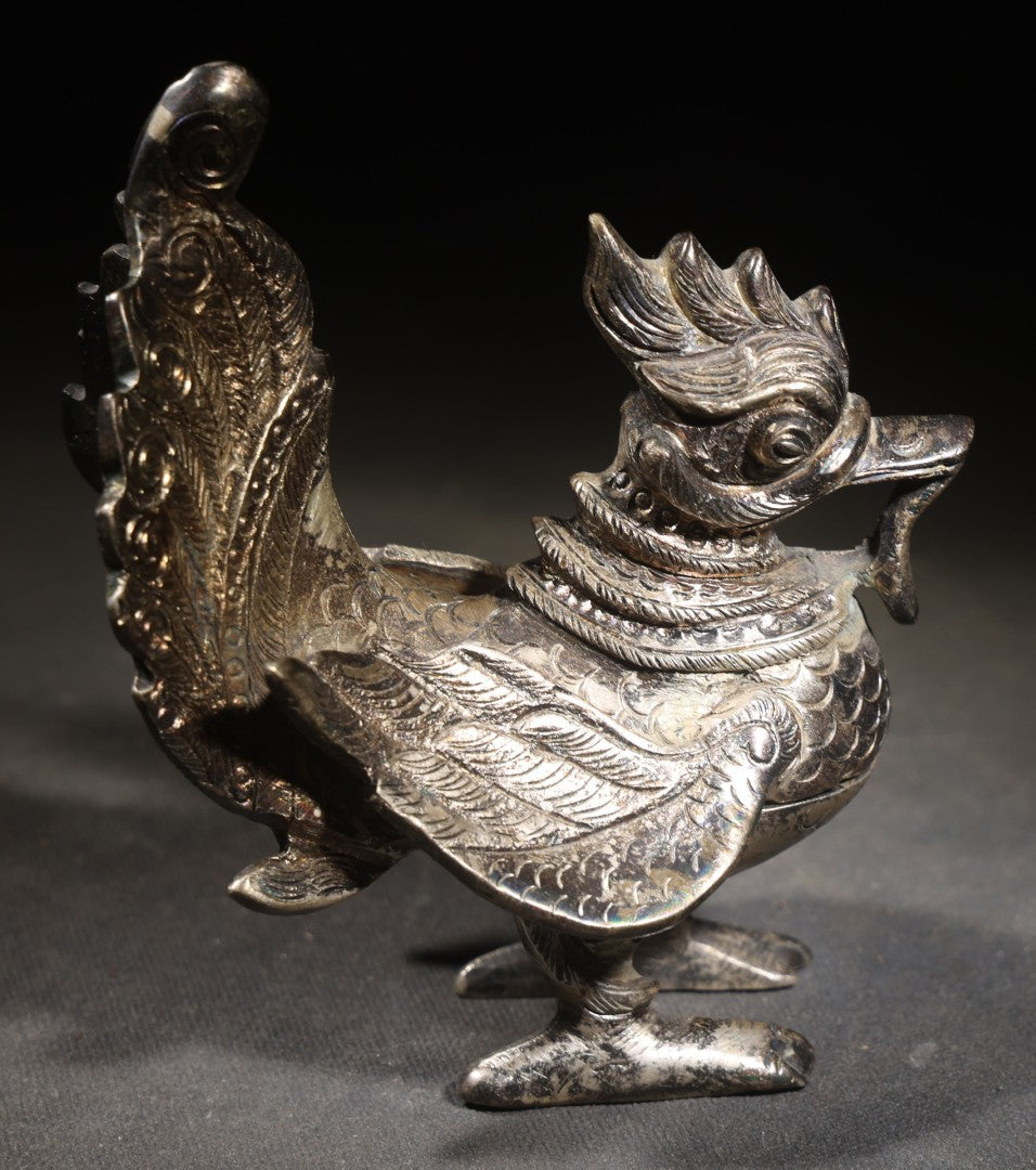 Antique Burmese Hintha Bird Figural Covered Container with Repousse Feather and Scroll Decoration