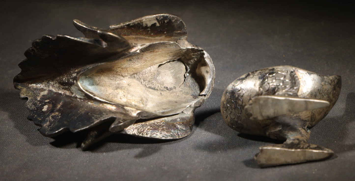 Antique Burmese Hintha Bird Figural Covered Container with Repousse Feather and Scroll Decoration