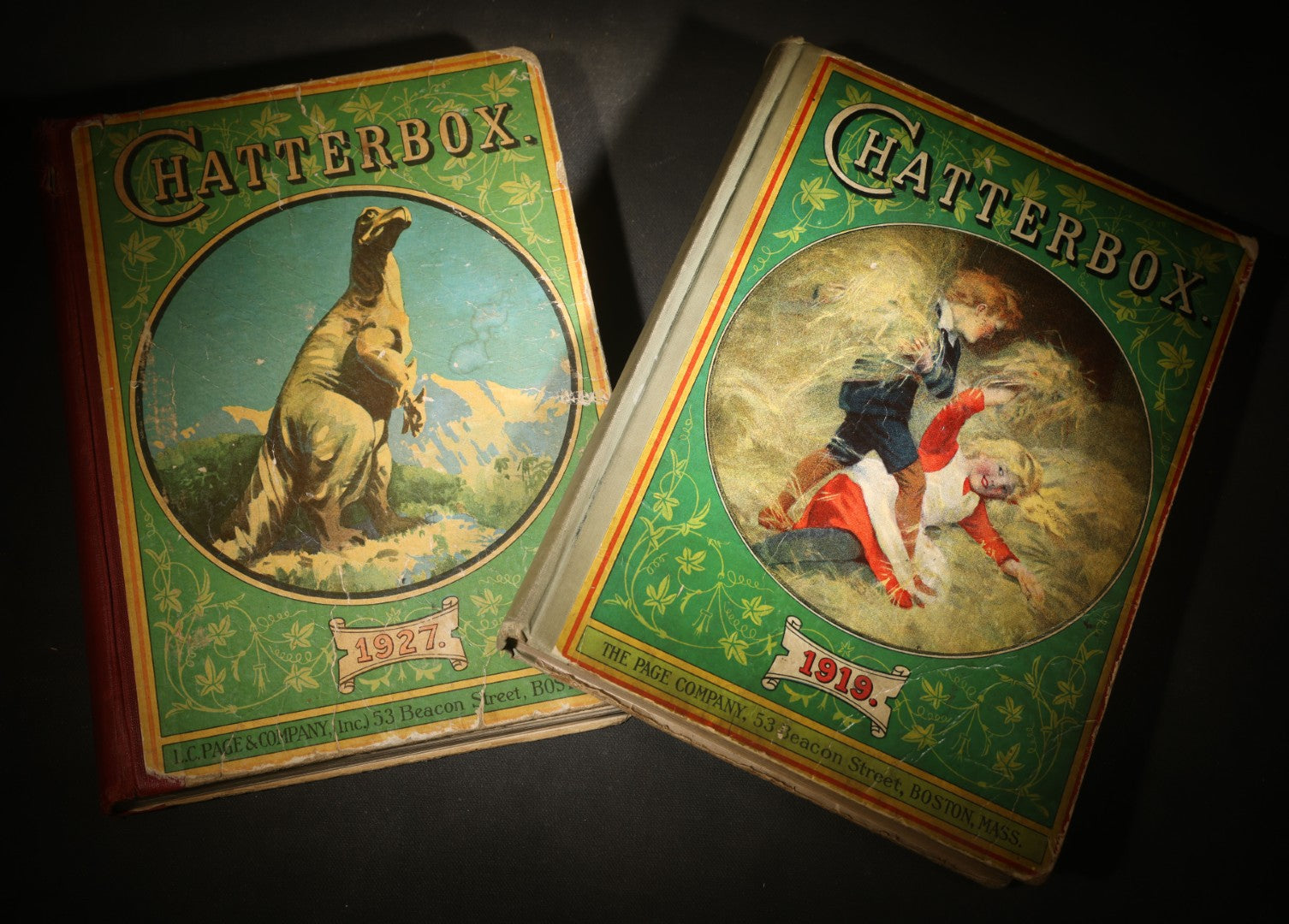 Pair of Antique and Vintage "Chatterbox" Illustrated Annual Books for 1919 and 1927, Founded by J. Erskine Clarke, Published by The Page Company / L.C. Page & Company, Boston, Massachusetts