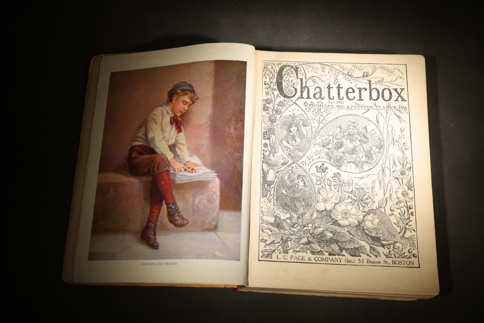 Pair of Antique and Vintage "Chatterbox" Illustrated Annual Books for 1919 and 1927, Founded by J. Erskine Clarke, Published by The Page Company / L.C. Page & Company, Boston, Massachusetts
