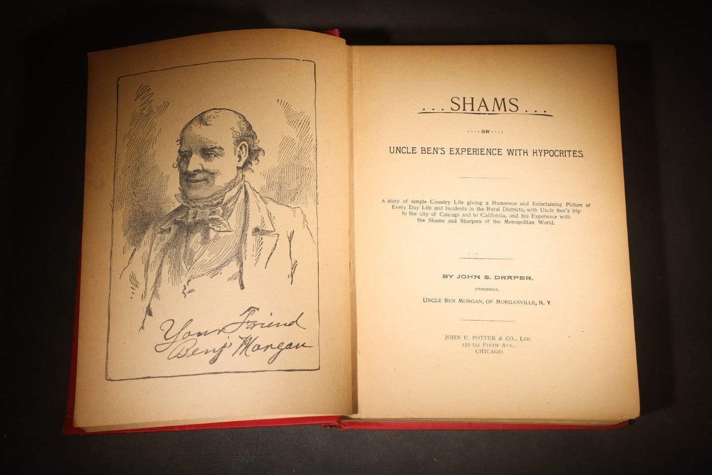"Shams; or, Uncle Ben's Experience with Hypocrites" Antique Book by John S. Draper, Published by John E. Potter & Co., Ltd., Chicago, Illinois, 1887