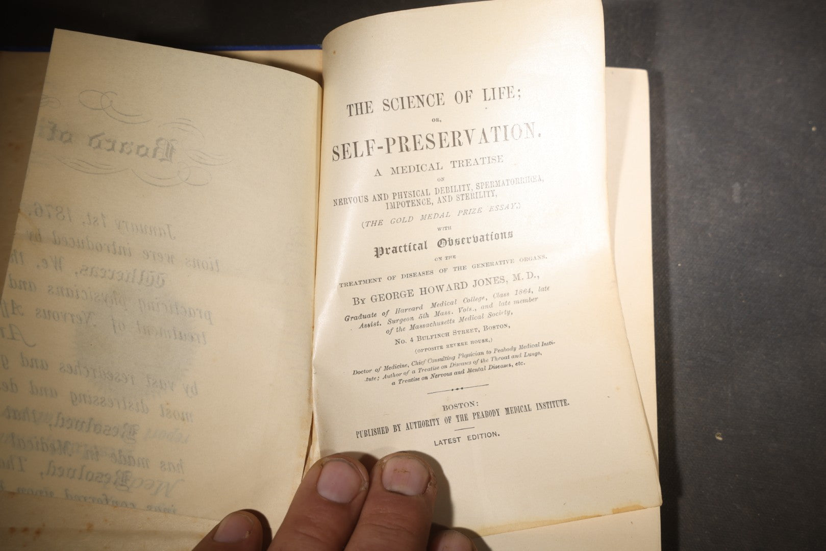 "The Science of Life; or, Self-Preservation" Antique Medical Book by George Howard Jones, M.D., with Fold-Out National Medical Association Resolution, Published by the Peabody Medical Institute, Boston, Massachusetts, 1881