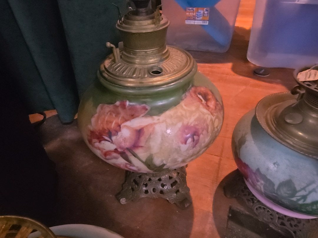 antique kerosene lamp green with flowers