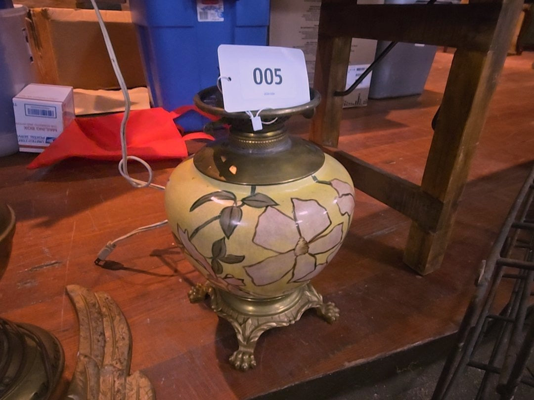 antique kerosene lamp with painted flowers and Brass claw base
