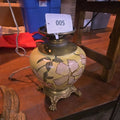 Lot 005 - Antique Kerosene Lamp with Painted Flowers and Brass Claw Base