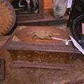 Lot 022 - Wood Box with Brass Ornamentation and Contents