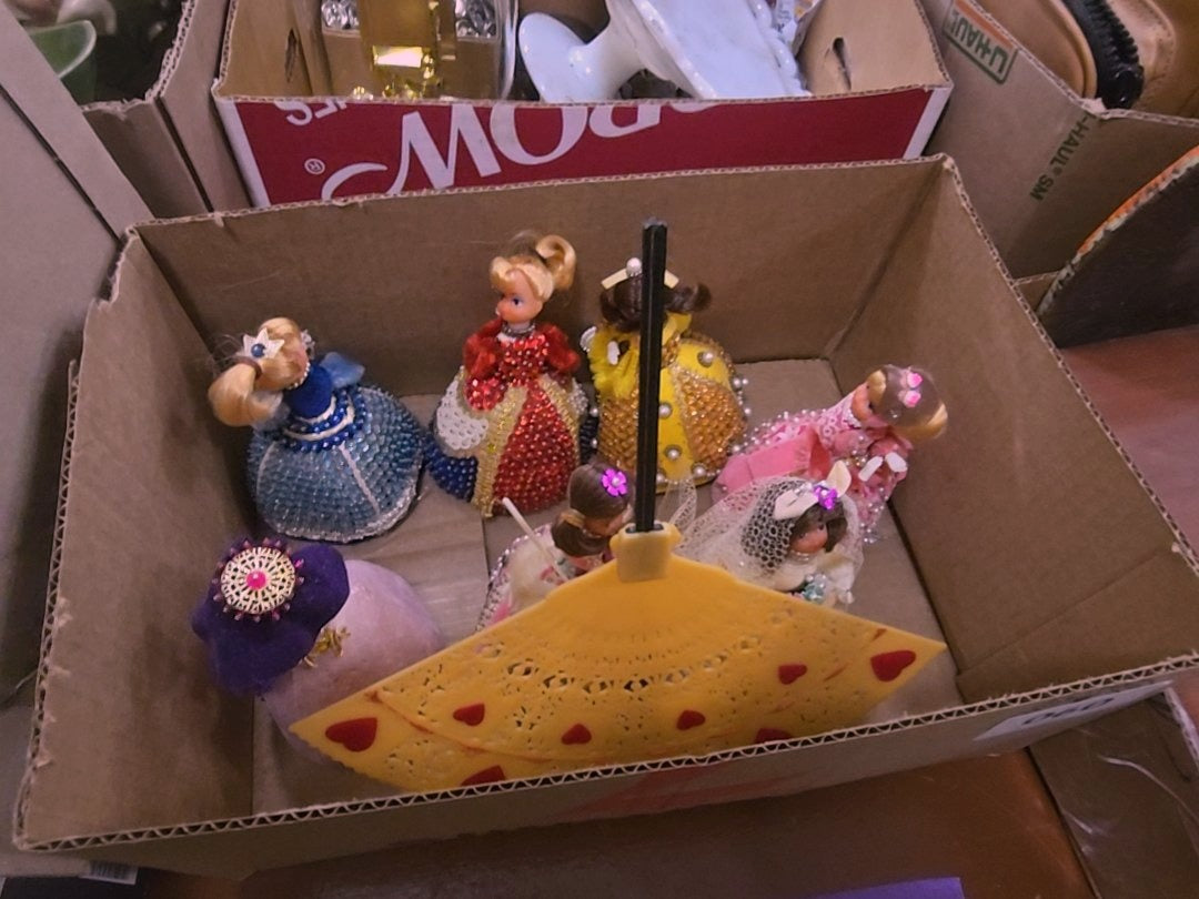 box lot of fabric dolls and fan