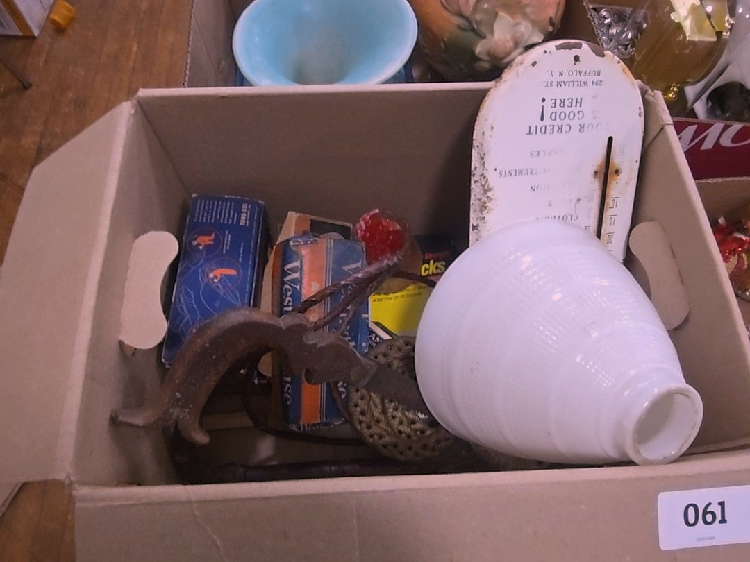 box lot with advertising thermometer Mazda bulbs and more