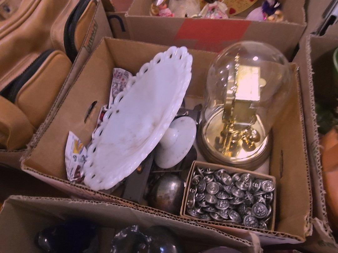 box lot with buttons, clock, and funeral crucifix