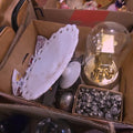 Lot 064 - Box Lot with Buttons, Clock, and Funeral Crucifix