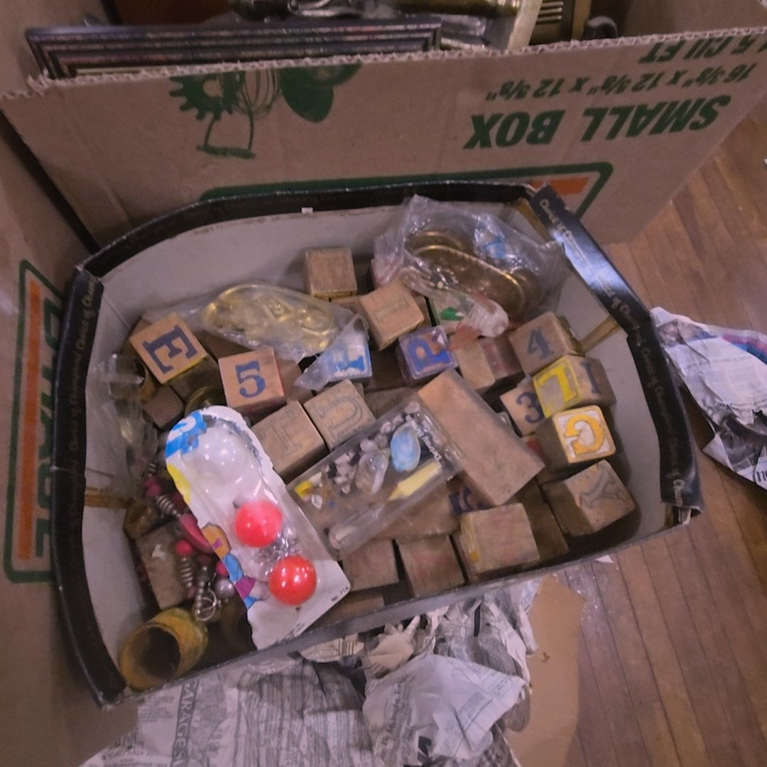 box lot with blocks and toys