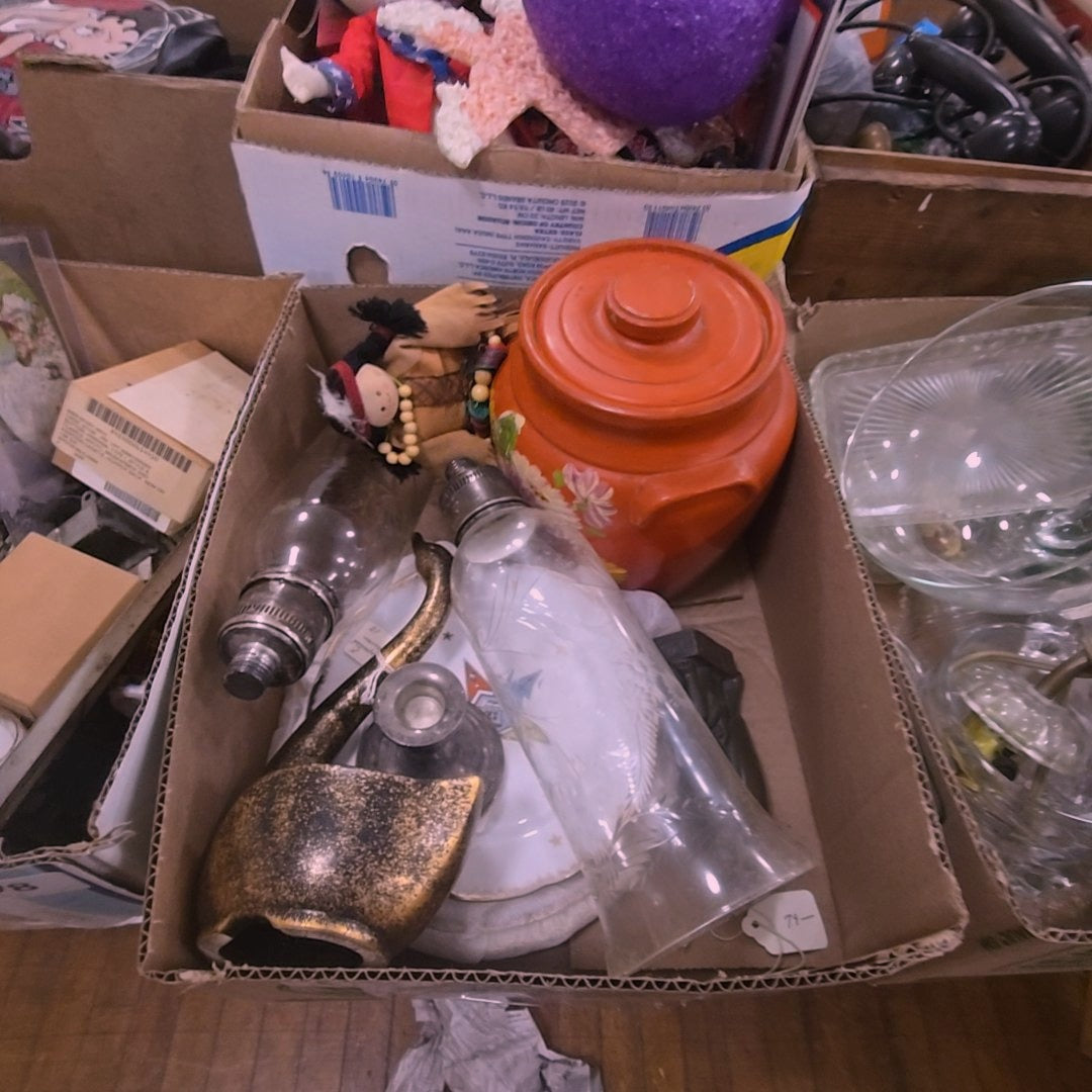 box lot with cookie jar and candle chimneys with sterling silver bases