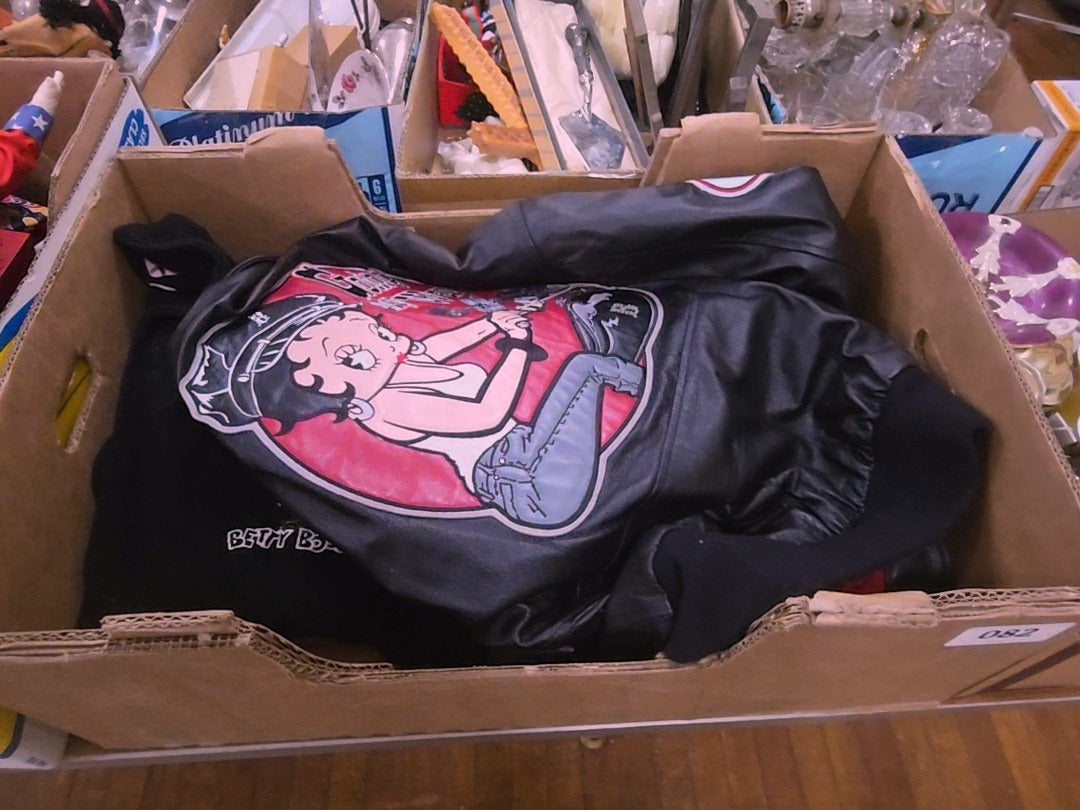 box lot with Betty Boop leather jacket and robe