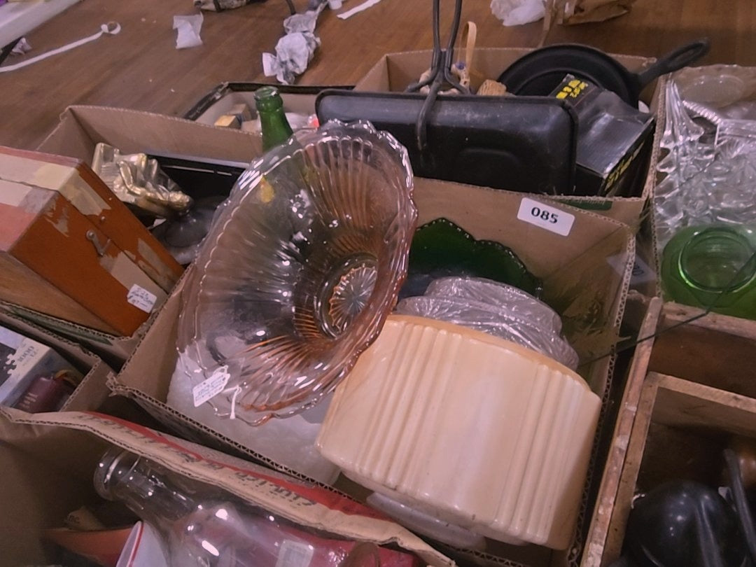box lot with glass shade, colored glass, and more