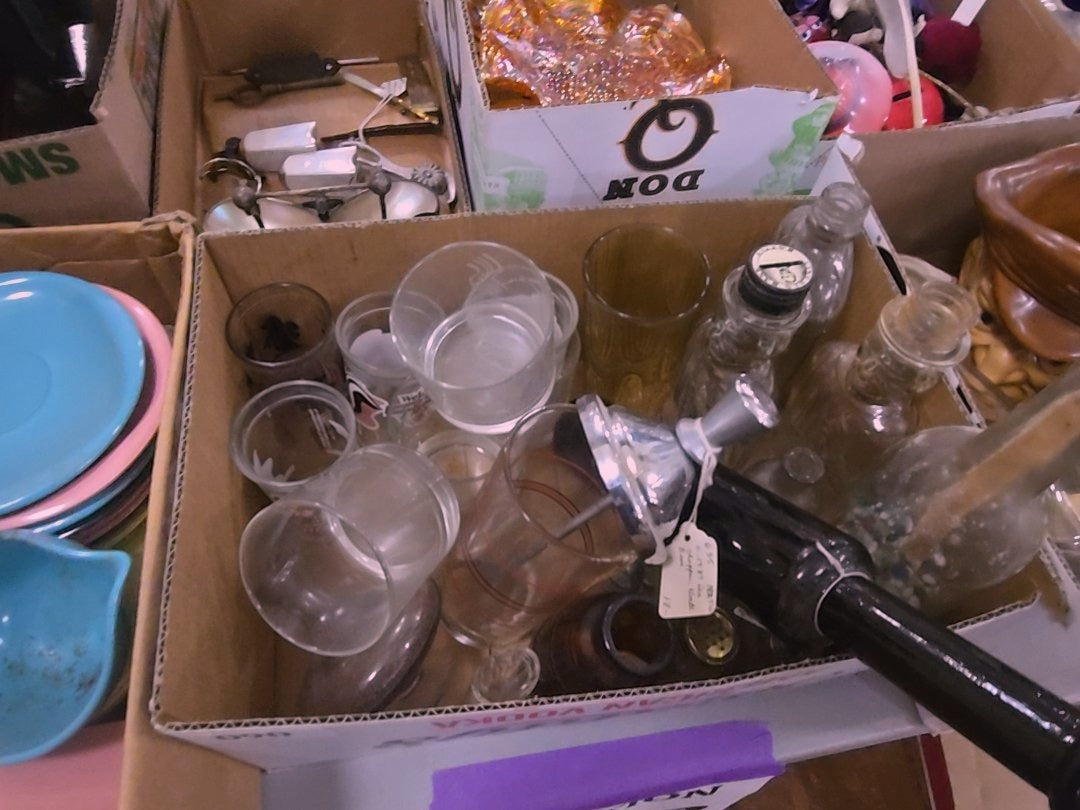 box lot of clear glass and bottles
