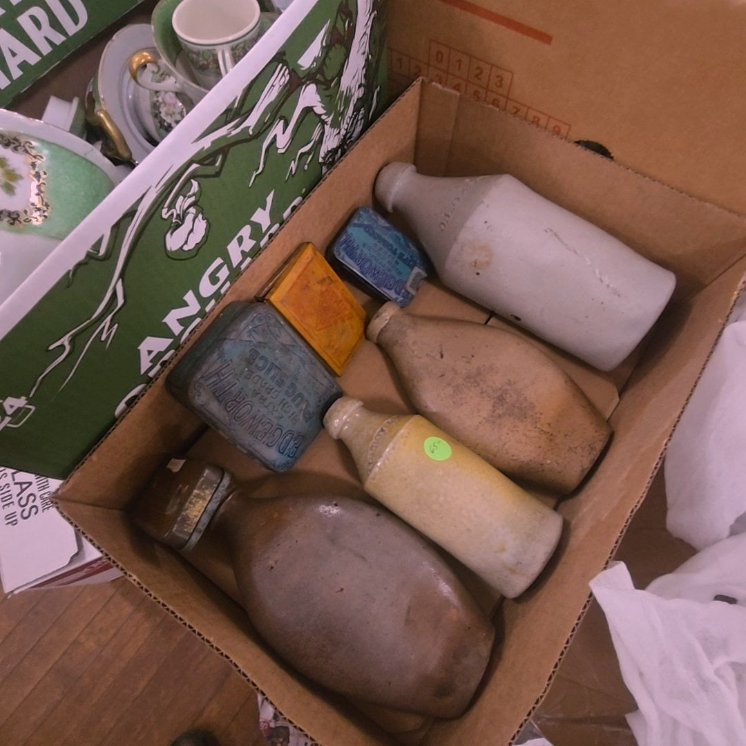 box lot with stoneware and tins