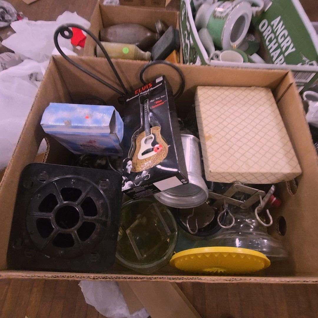 box lot of miscellaneous including clear glass, Elvis collectibles, Jim beam, and more