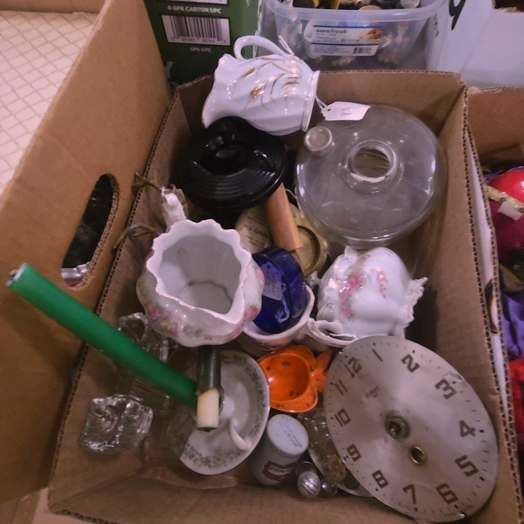 box lot of Smalls including clock face, porcelain, and glass