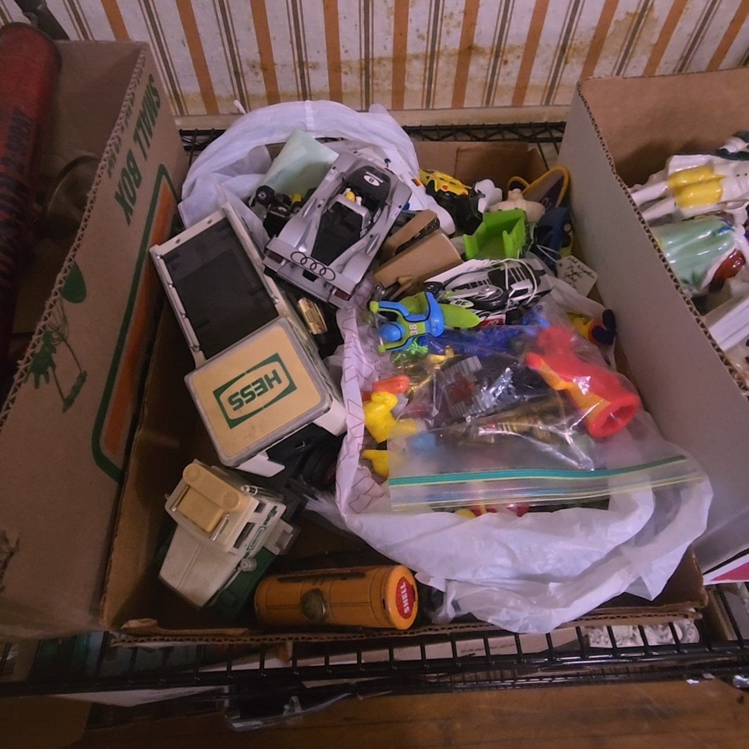 box lot of toy cars