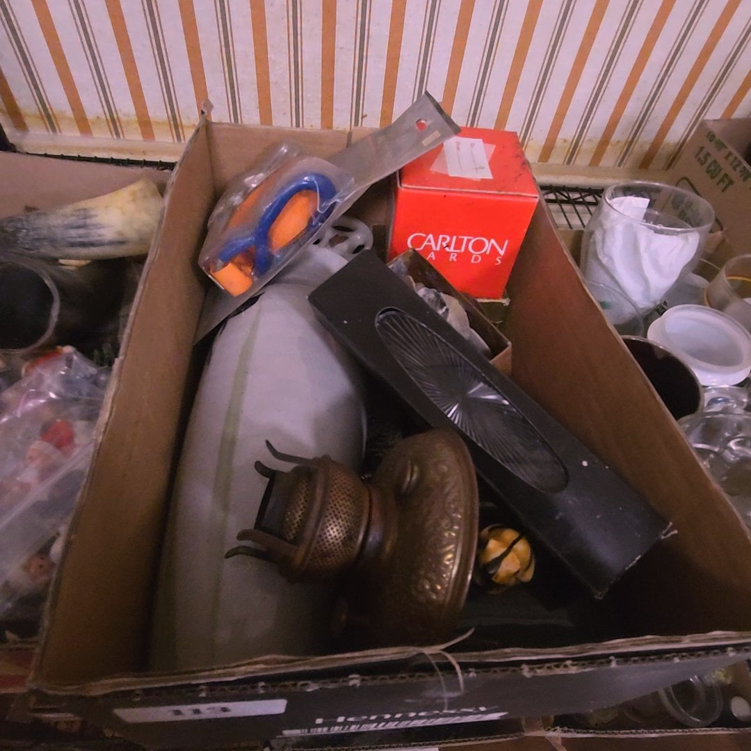box lot with ceramics, lamp parts, and more