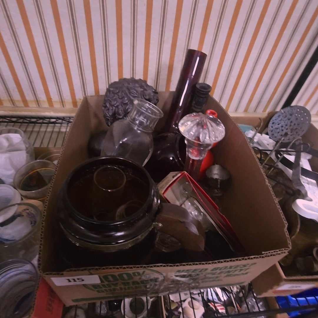 box lot with giant mug, resin sculpture, and more