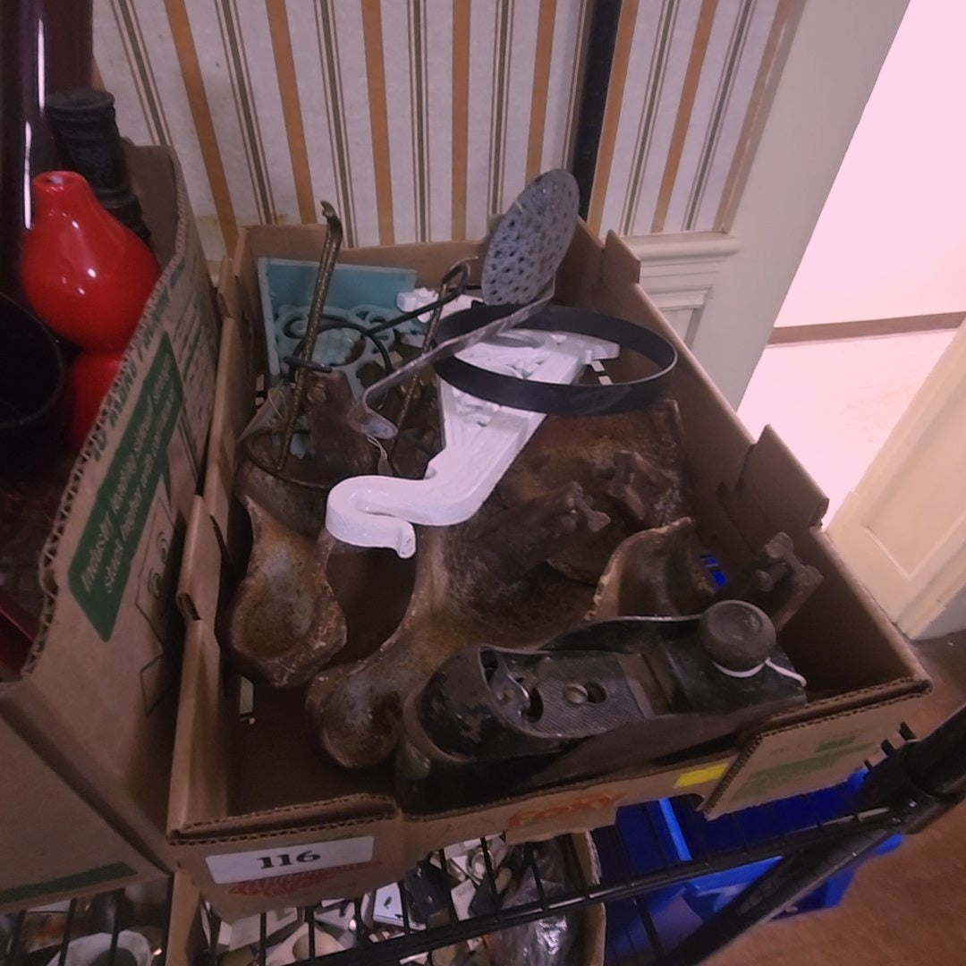 box lot with cast iron legs, plane and other metal items
