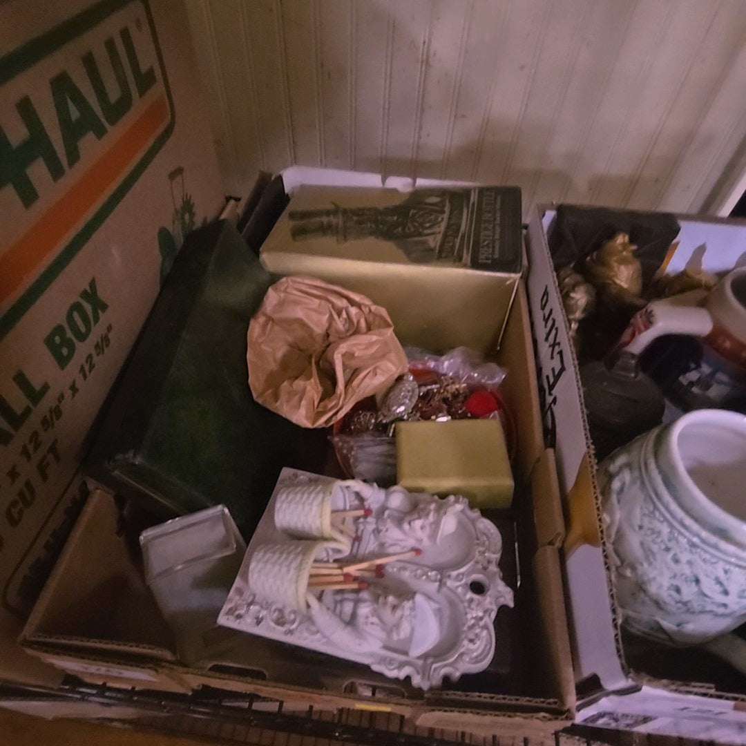 box lot including jewelry, match safe, and more
