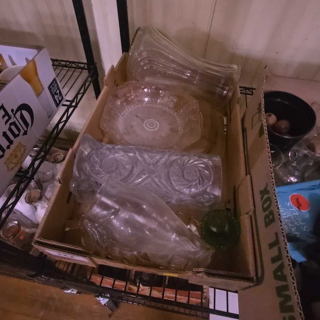 box lot of clear and colored glass
