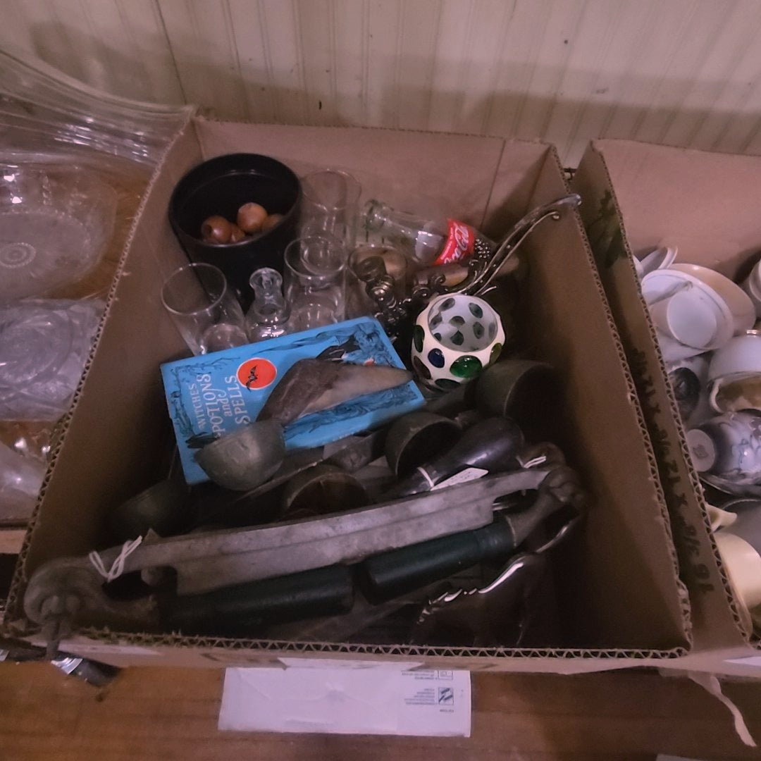 box lot of glass, smalls, and witches book